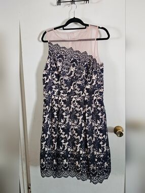 London Times Blush Pink and Navy Lace Overlay Dress